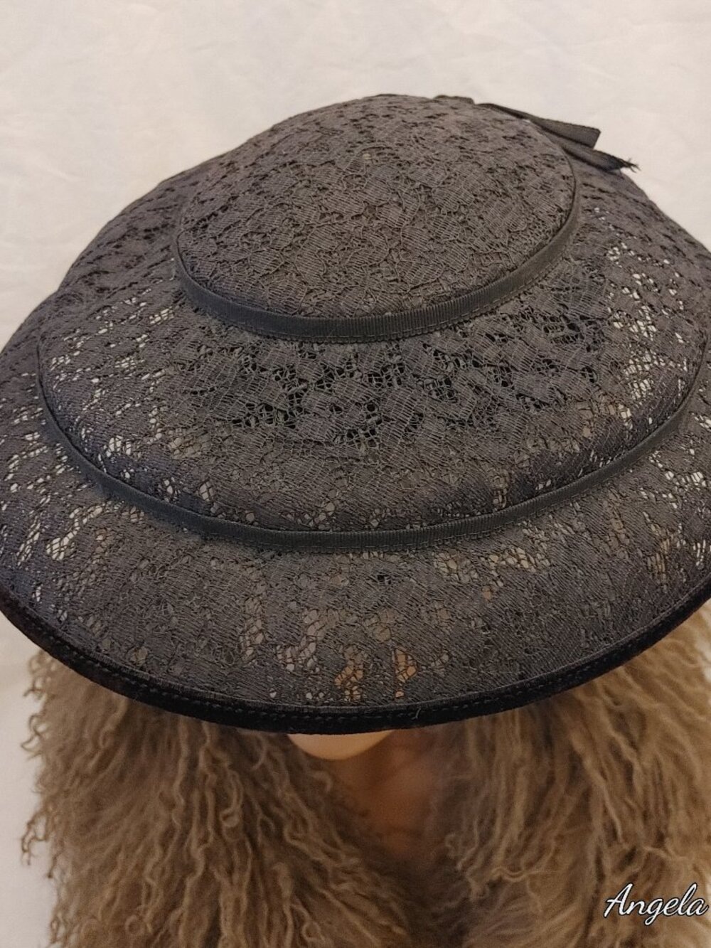 Rare Vintage 1940s 1950s Black Lace Saucer Cartwheel Hat with Inner Bandeau